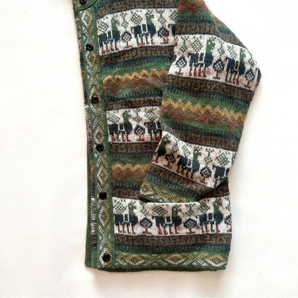 VTG ANDINA 100% ALPACA LLAMA PRINT GREEN MOCK-NECK BUTTON FRONT CARDIGAN SzM/L - Picture 9 of 13